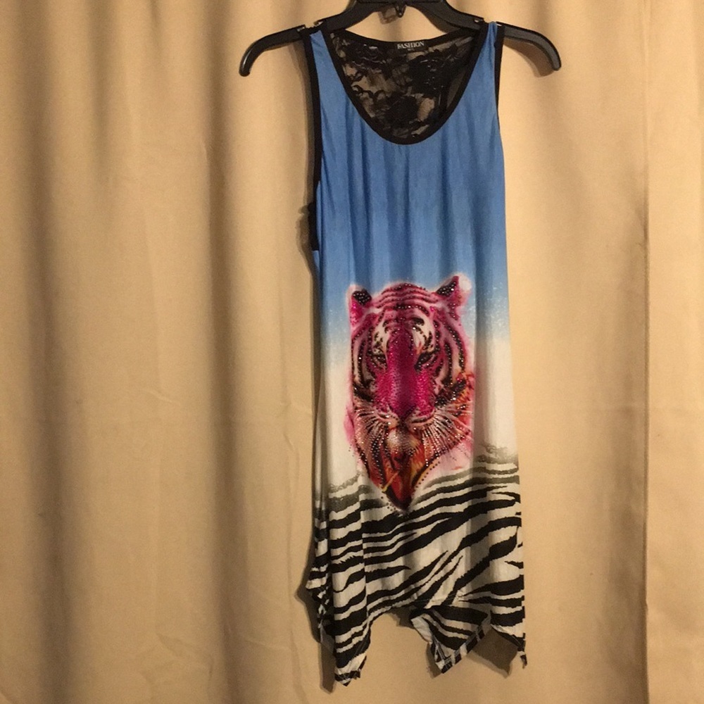 Bedazzled Women's Blue and Pink Tiger Graphic Top Racer Back With Lace - Picture 2 of 8